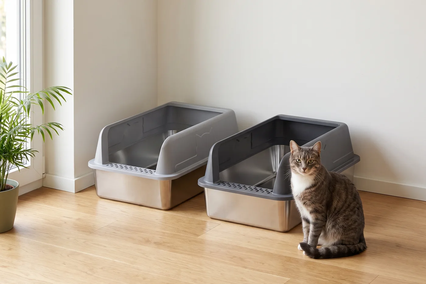 Zwei TruePet SteelBox Katzenklos in Hellgrau und Dunkelgrau nebeneinander im Wohnzimmer, Katze sitzt daneben