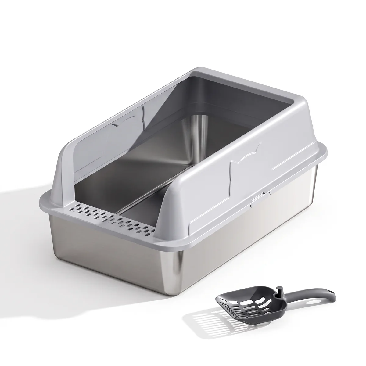 TruePet SteelBox: Edelstahl-Wanne mit abnehmbarem Spritzschutz-Aufsatz in Hellgrau, Fronteinstieg mit Gitterstufe