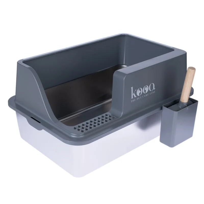 kooa Edelstahl-Katzentoilette mit abnehmbarem Kunststoff-Rand und Schaufelhalter
