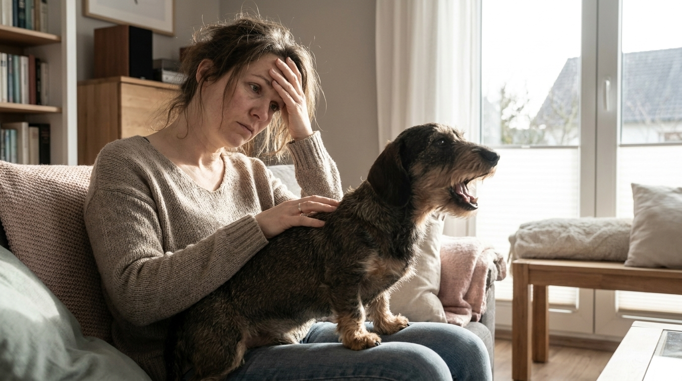 Besitzerin mit kleinem, bellendem Hund auf dem Sofa