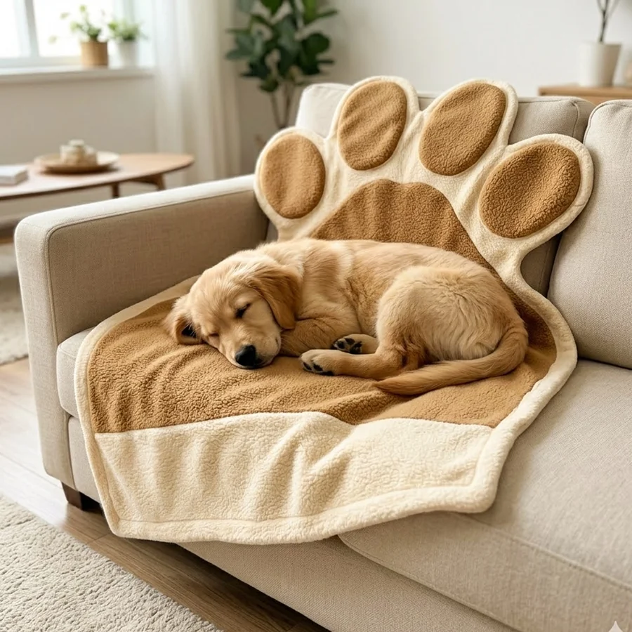 Hund liegt auf einer Fleecedecke, typische Hundedecke der Produktklasse