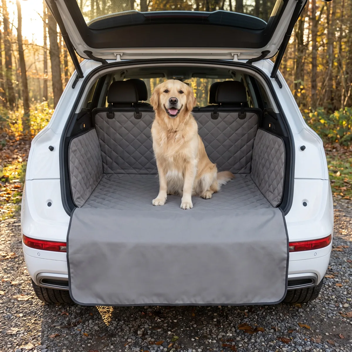 Golden Retriever sitzt im Kofferraum eines SUV auf einem grauen Kofferraumschutz mit hochgezogenen Seitenwänden und Klappe über der Stoßstange