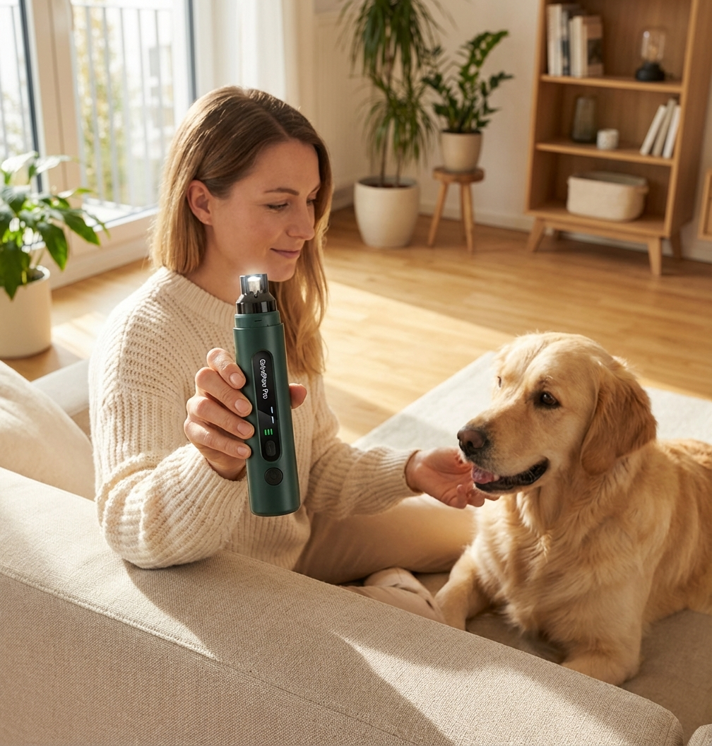 Frau verwendet GrindPaw Pro bei ihrem Hund