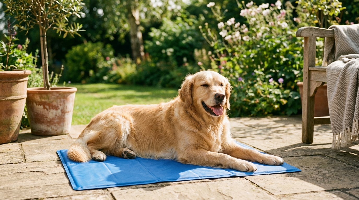 Hund liegt auf K&uuml;hlmatte im Sommer