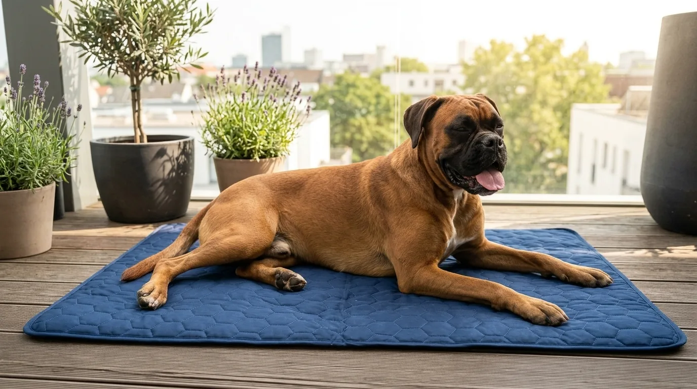 Hund liegt auf K&uuml;hlmatte im Sommer