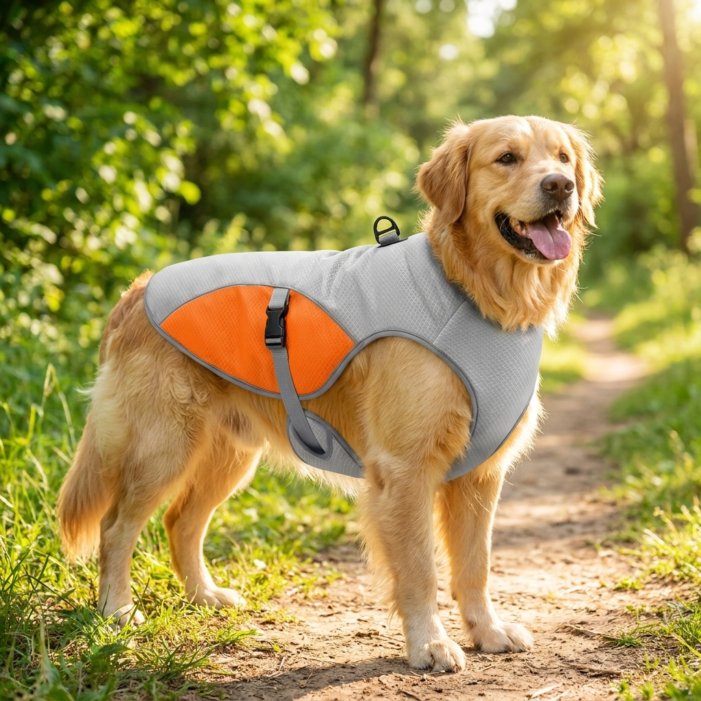 Hund tr&auml;gt eine K&uuml;hlweste beim Spaziergang im Sommer