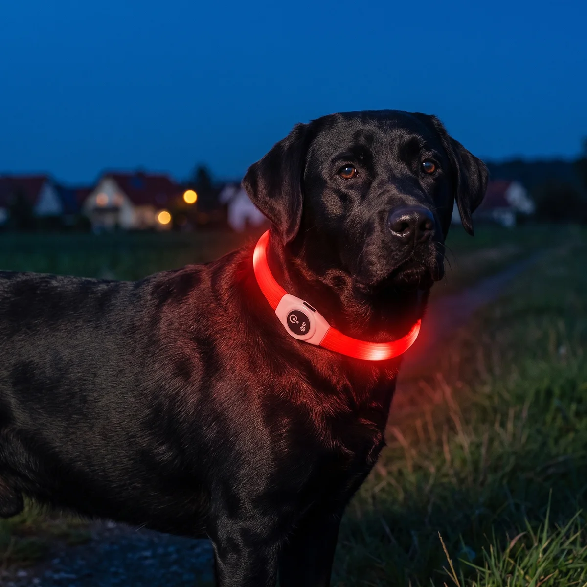 Schwarzer Labrador mit leuchtendem 360-Grad-LED-Ring in der Dämmerung