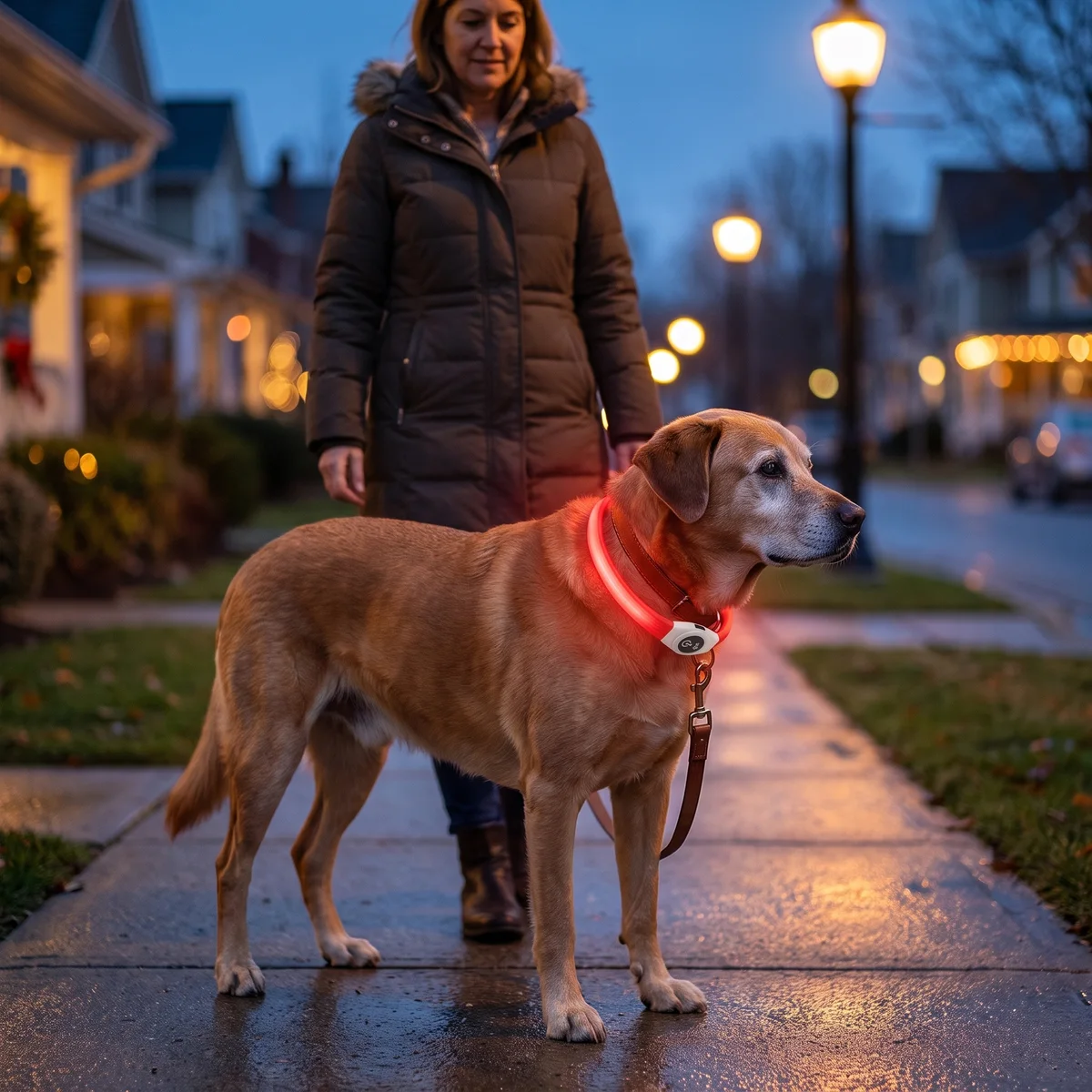 Abendrunde: Hund mit leuchtendem Ring an der Leine, Halterin dahinter