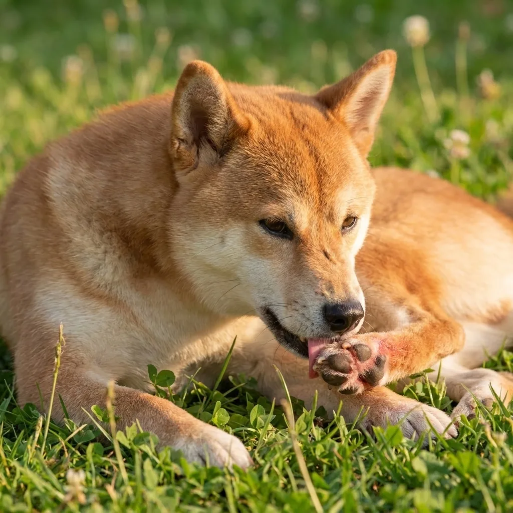 Hund knabbert im Sommer an den Pfoten