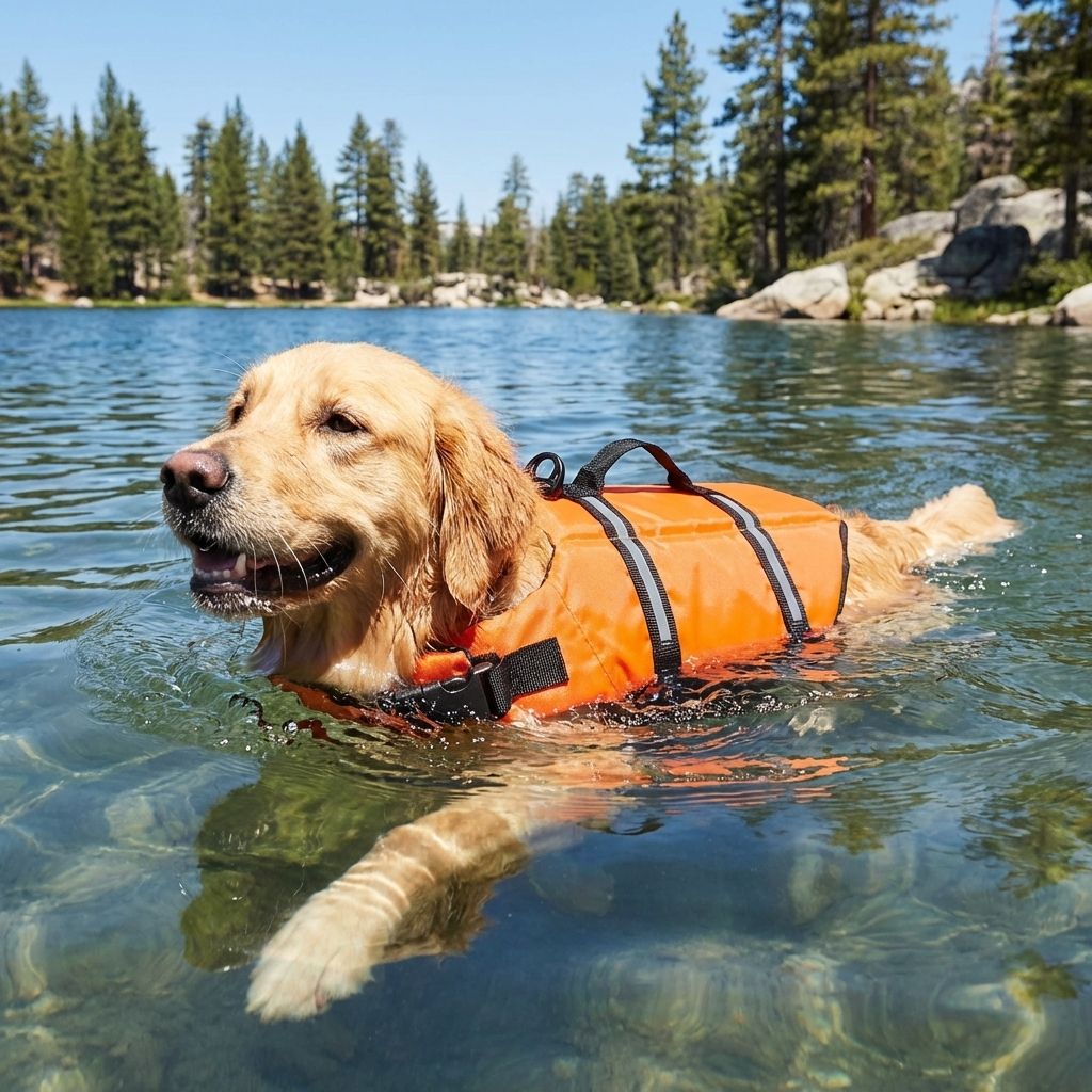 Golden Retriever schwimmt mit oranger Schwimmweste und Rettungsgriff in einem See