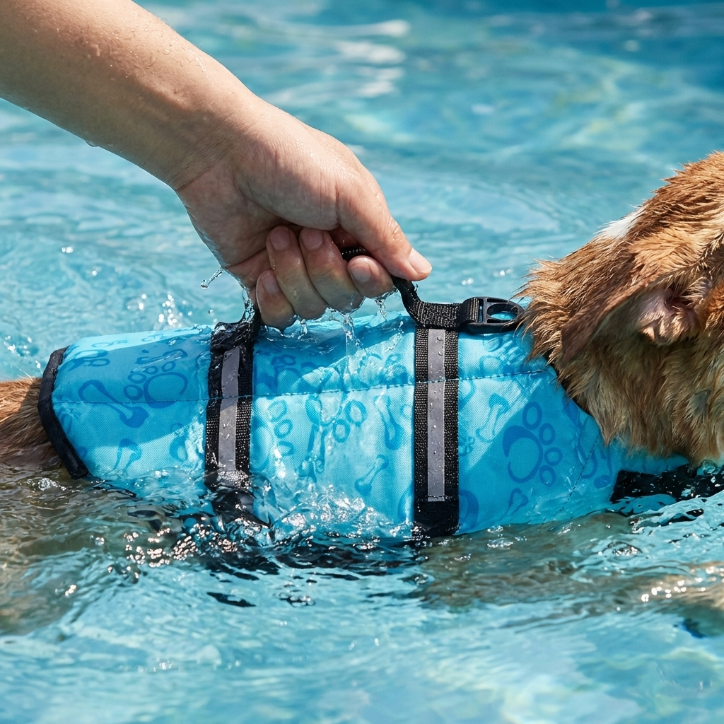 Hund wird am Rettungsgriff der TruePet Schwimmweste sicher aus dem Wasser gehoben