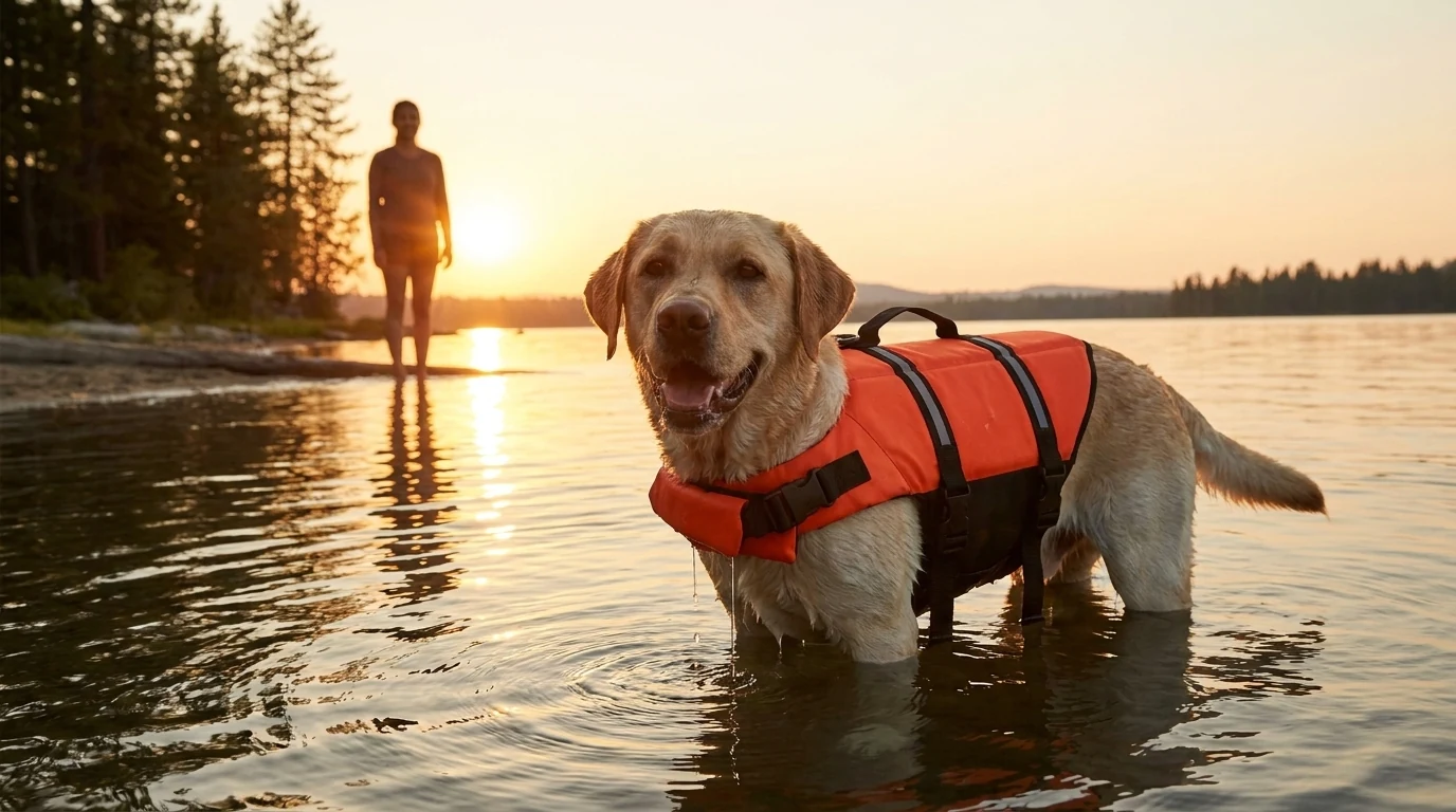 Hund mit TruePet Schwimmweste am See