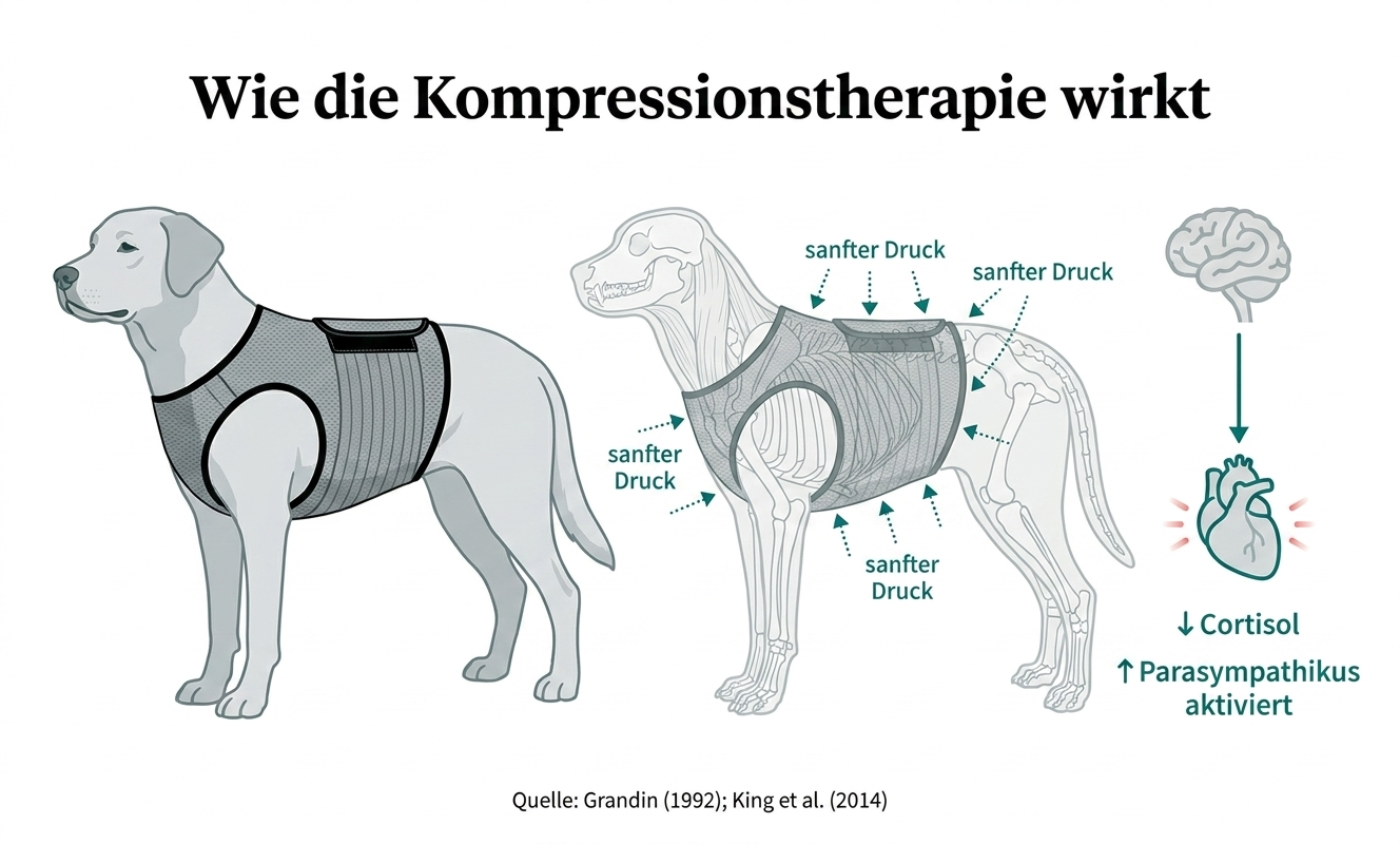 Wissenschaftliches Diagramm: wie sanfter Druck der Beruhigungsweste das parasympathische Nervensystem aktiviert und Cortisol senkt