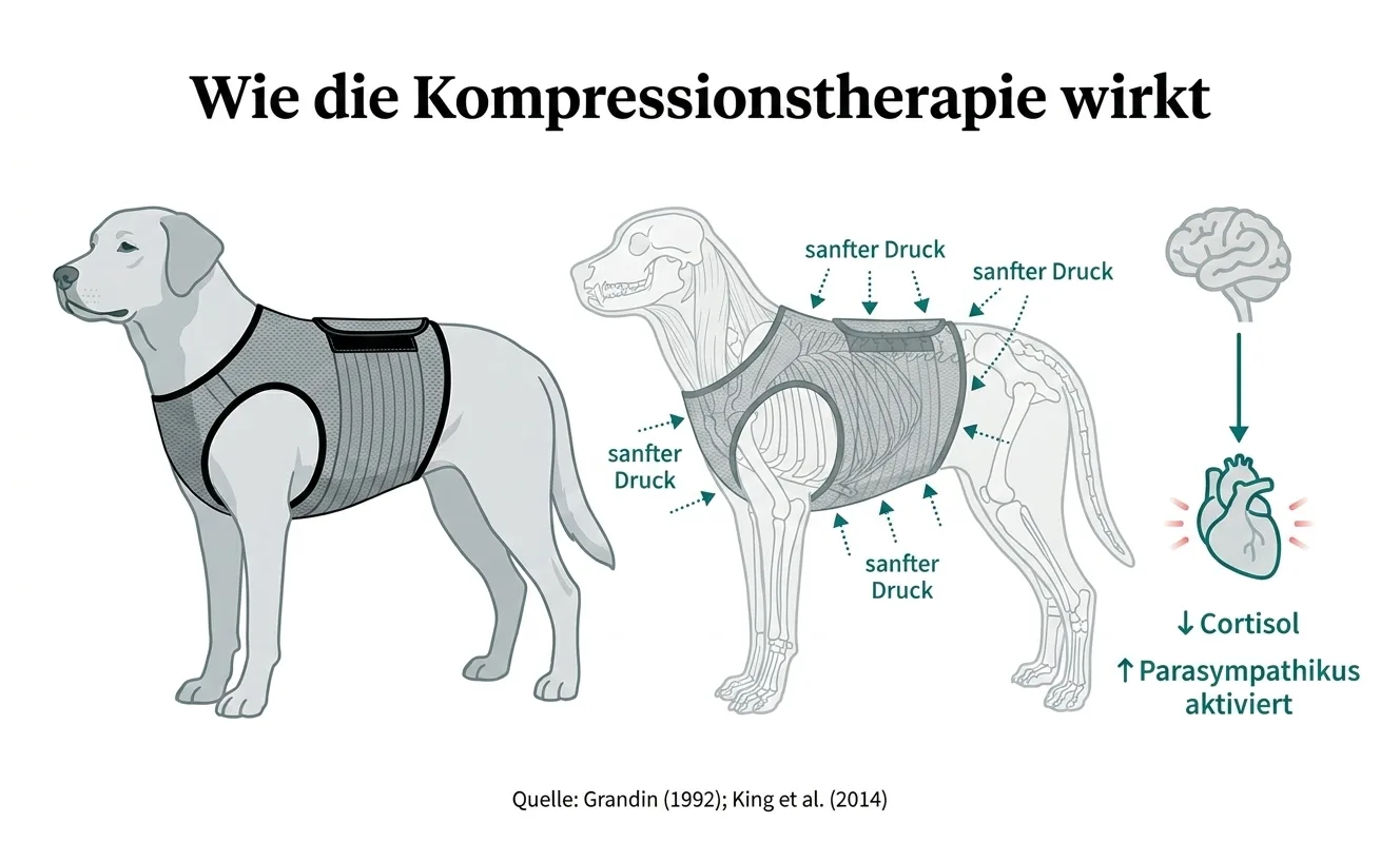 Wissenschaftliches Diagramm: wie sanfter Druck der Beruhigungsweste das parasympathische Nervensystem aktiviert und Cortisol senkt