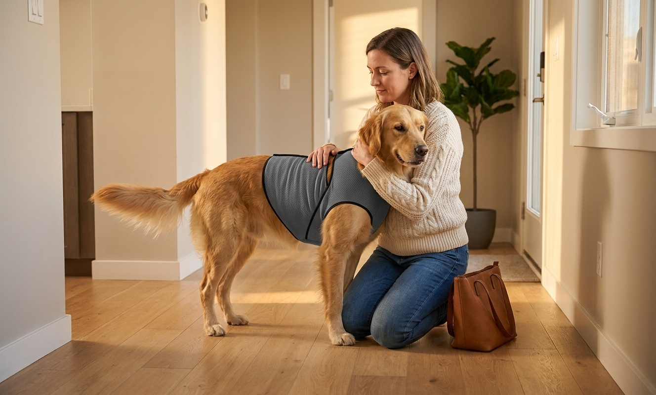 Glückliche Familie mit entspanntem Hund auf dem Sofa