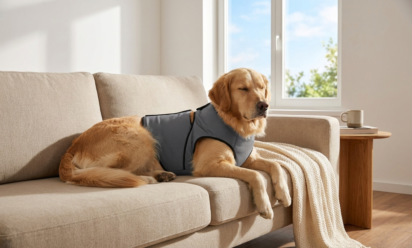 Goldener Retriever entspannt auf Sofa mit angelegter CalmPaw Pro Beruhigungsweste