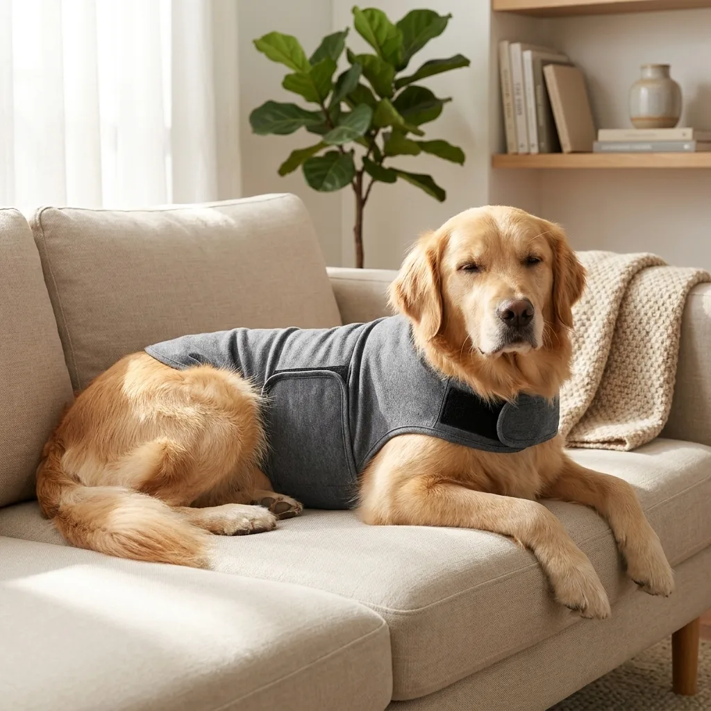Goldener Retriever entspannt auf Sofa mit angelegter CalmPaw Pro Beruhigungsweste