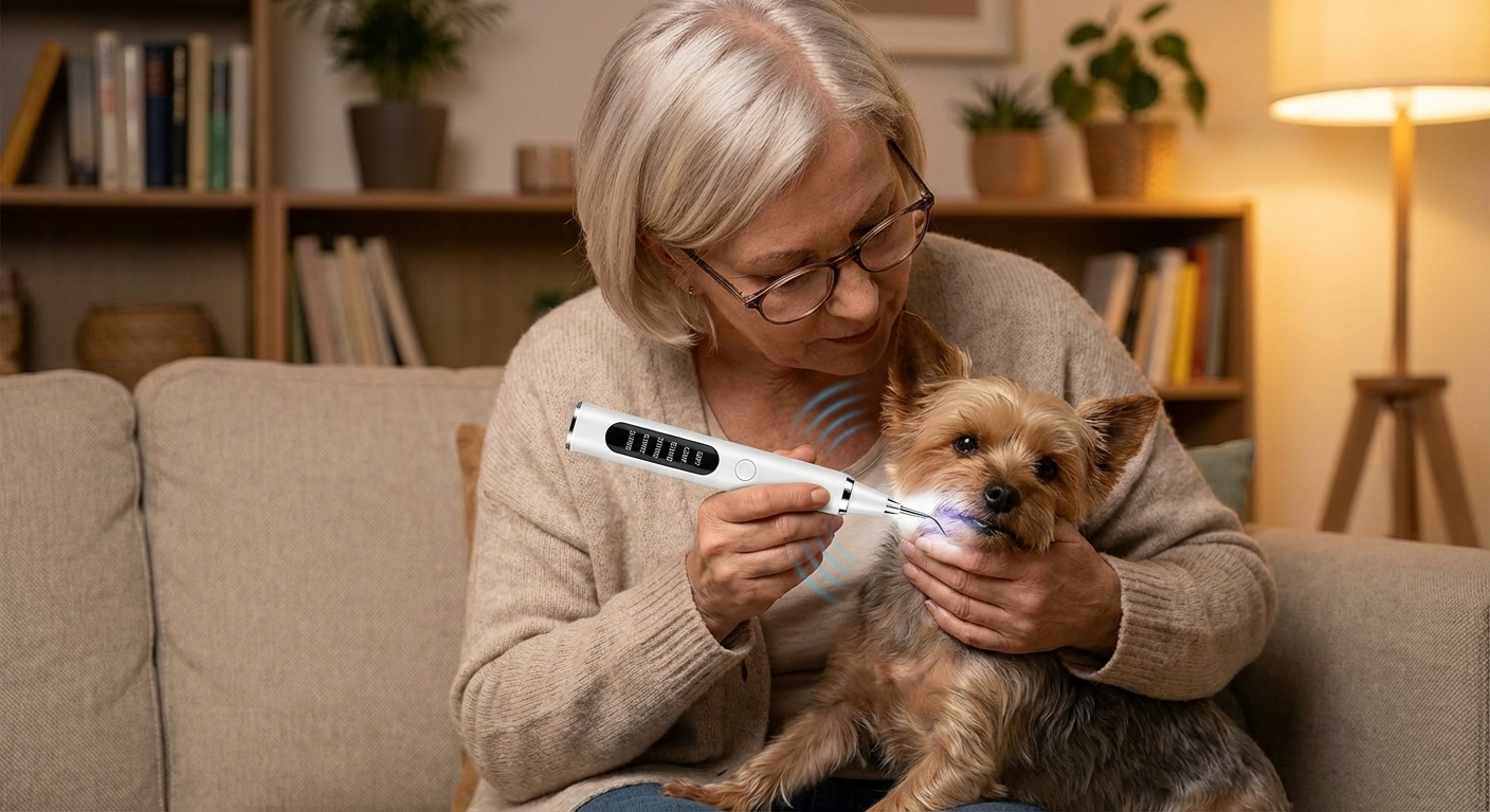 Frau pflegt sanft die Zähne ihres Dackels mit dem DentaPaw Pro
