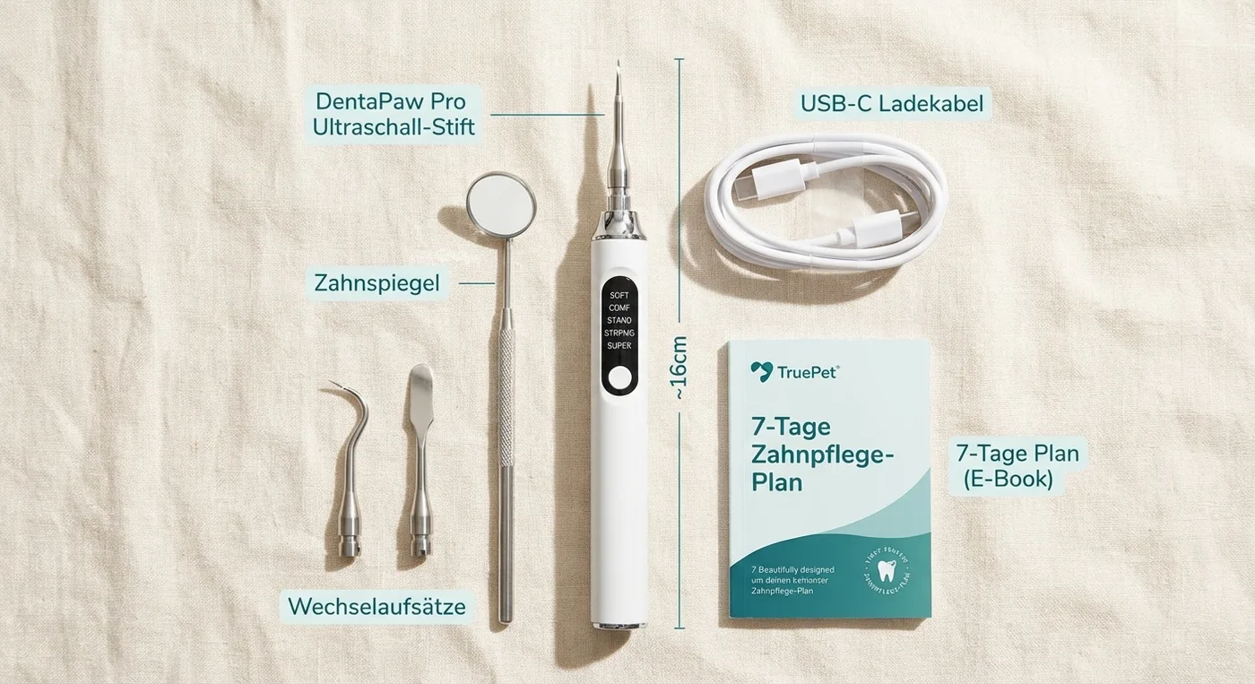 DentaPaw Pro Lieferumfang: Gerät, Aufsätze, Spiegel, Kabel, Zahnpflege-Plan