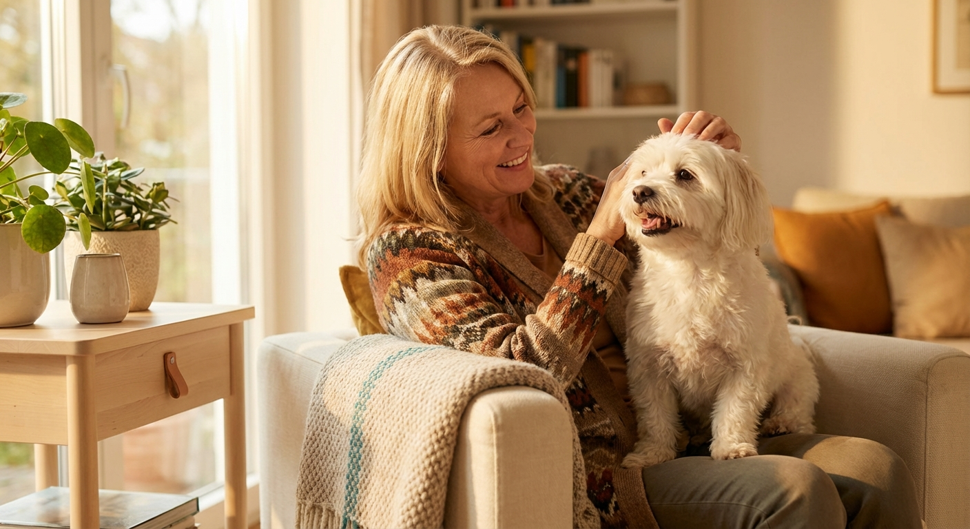 Glücklicher Hund mit sauberen Zähnen und lächelnde Besitzerin