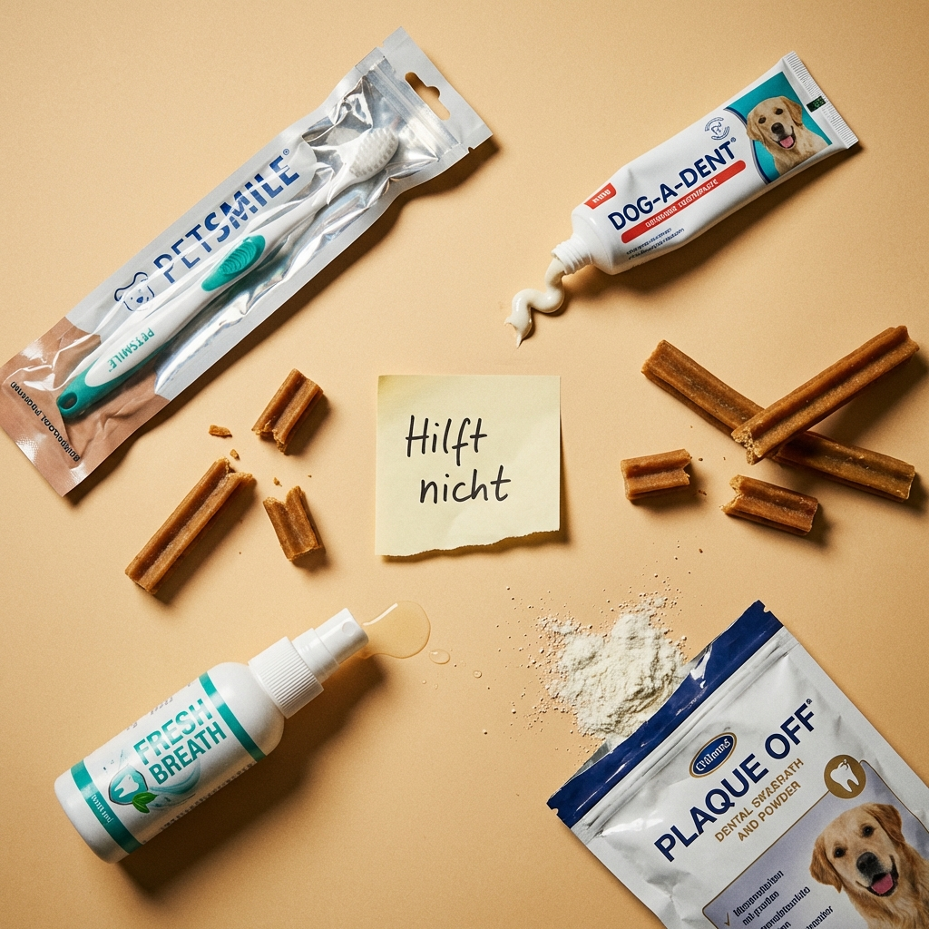 Gescheiterte Zahnpflegeprodukte: Dentastix, Zahnbürste, Spray — nichts hat geholfen