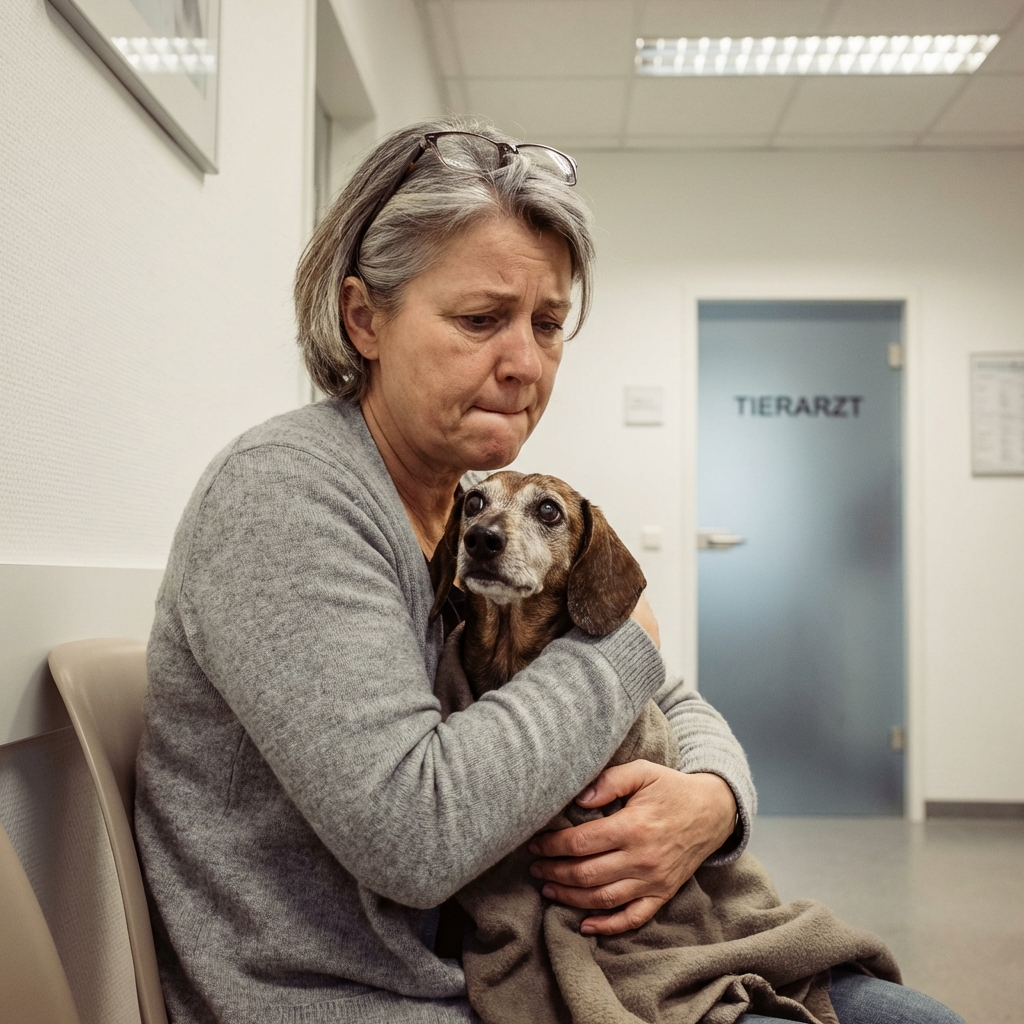 Besorgte Hundebesitzerin mit ihrem älteren Dackel im Wartezimmer beim Tierarzt