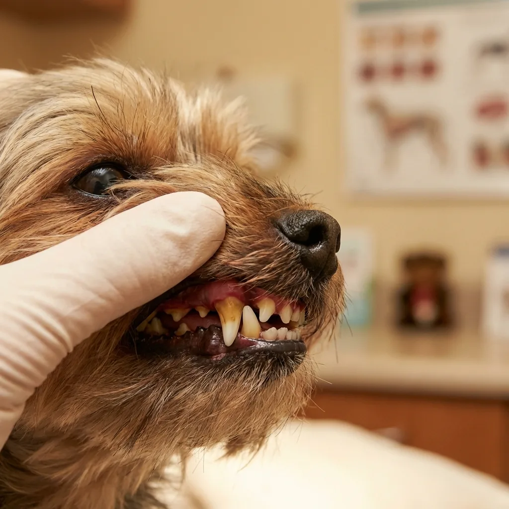 Nahaufnahme: Zahnbelag und gerötetes Zahnfleisch bei einem Hund