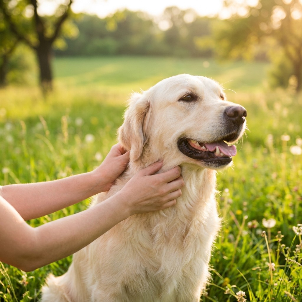 Hundebesitzerin sucht das Fell ihres Hundes nach Zecken ab