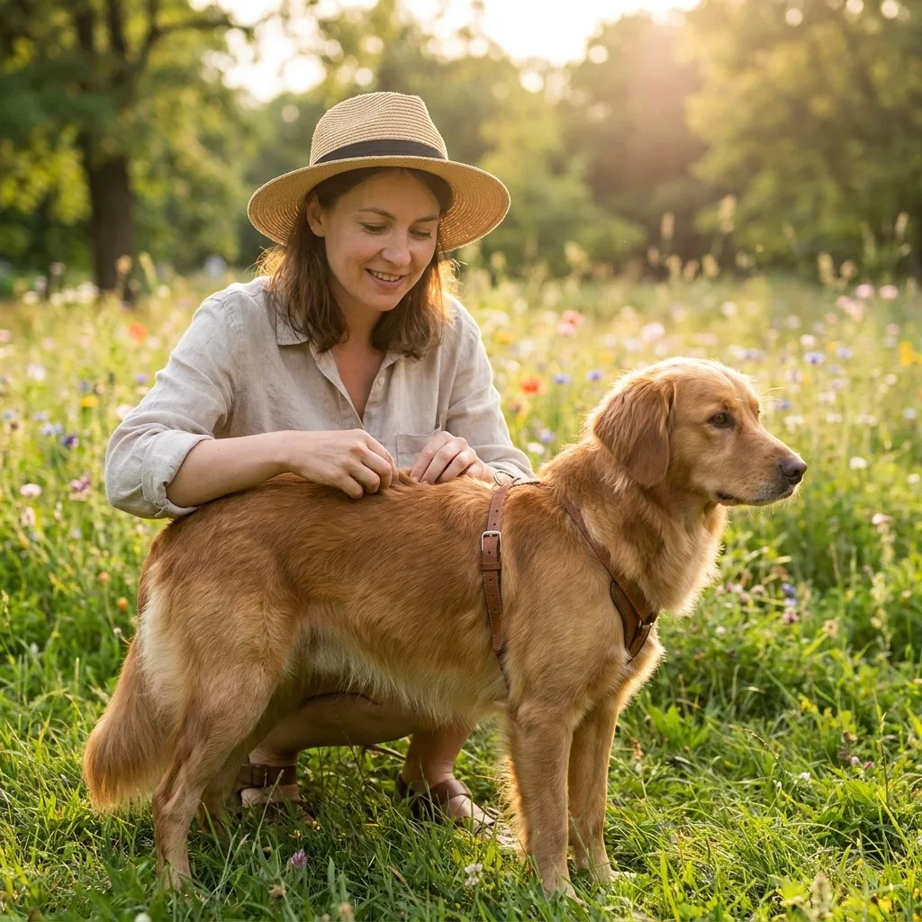 Hundebesitzerin sucht das Fell ihres Hundes nach dem Spaziergang nach Zecken ab